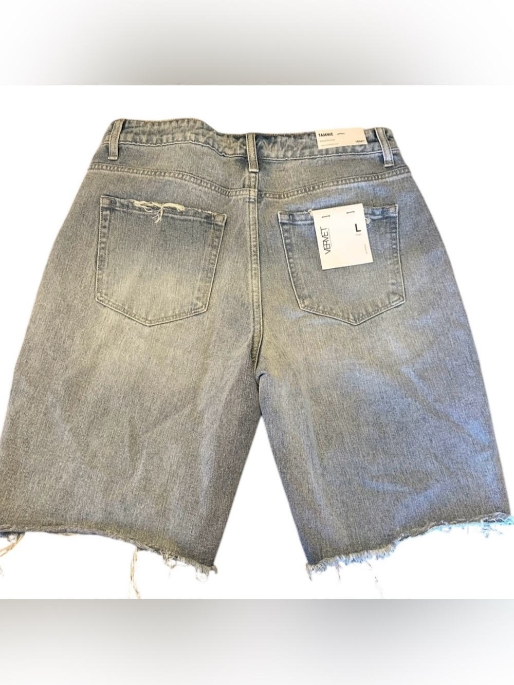 VERVET Tammie High Rise Distressed Bermuda Denim Shorts L NWT - Picture 3 of 8